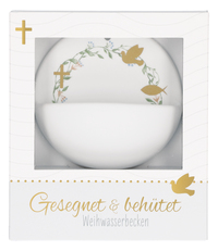 Butzon & Bercker Weihwasserbecken aus Porzellan – weiß matt, farbig bedruckt, handgefertigt, Lieferung in Geschenkverpackung