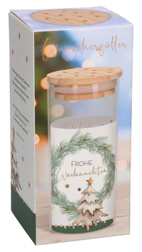 Butzon & Bercker Geldgeschenk Wunscherfüller zu Weihnachten 14 cm – Glasbehälter mit Massivholzdeckel, veredeltem Einleger für persönliche Widmung, Lieferung in Geschenkverpackung