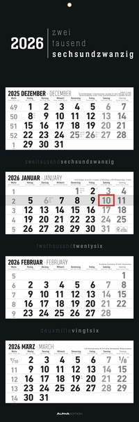 Alpha Edition 4-Monatskalender Black 2026 – Wandkalender 33×100 cm mit 4 Monaten im Überblick & Datumsschieber, faltbarer Büro- & Planungskalender für Homeoffice, Arbeit & Organisation