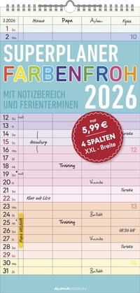 Alpha Edition - Superplaner Farbenfroh - 4 Spalten - Familienkalender 2026 – 4 Spalten, 22x45 cm – Bunter Familien-Timer mit Feiertagen (DE/AT/CH/FR/IT) – FSC-zertifiziert