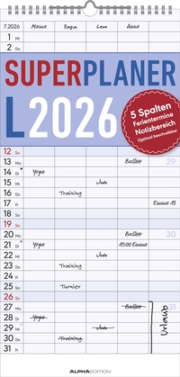 Alpha Edition - Superplaner L Familienkalender 2026 – 22x45 cm – Familien-Timer mit 5 Spalten & zusätzlichem Notizbereich – Perfekt für Familienorganisation