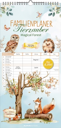 Alpha Edition - Familienplaner Tierzauber 2026 – Familienkalender 22×45 cm mit 5 Spalten & liebevollen Tierillustrationen, praktischer Wandkalender für Tierliebhaber