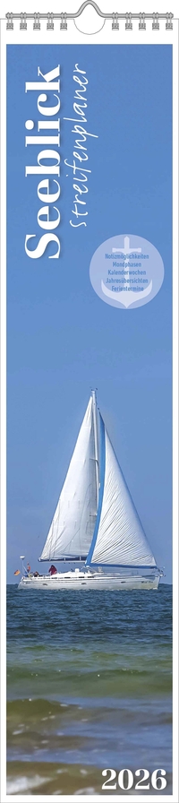 Alpha Edition - Seeblick 2026 – Streifenplaner 11,3x49,5 cm – stimmungsvollen Strand- & Küstenmotiven – Deutsches Kalendarium, mit Feiertagen & Mondphasen, viel Platz für Notizen