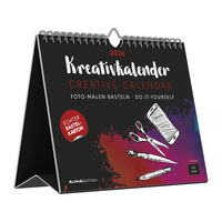 Alpha Edition - Kreativ-Kalender Tischaufsteller Quer Schwarz 2026 – Bastelkalender 20×16 cm mit weißer Schrift, zum Aufstellen & Aufhängen, ideal für Fotos, Zeichnungen & DIY-Geschenke