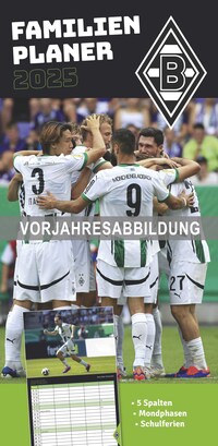 N Neumann - Borussia Mönchengladbach 2026 – Fanplaner 22x45 cm mit 4 Spalten, deutschem Kalendarium & Spiralbindung, Fußball-Familienkalender mit 12 Monatsblättern & Spielerfotografien