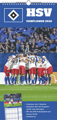N Neumann - Hamburger SV 2026 – Fanplaner 22x45 cm mit 4 Spalten, deutschem Kalendarium & Spiralbindung, Fußball-Familienkalender mit 12 Monatsblättern & Spielerfotografien