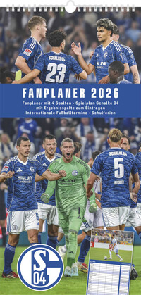 N Neumann - FC Schalke 04 2026 – Fanplaner 22x45 cm mit 4 Spalten, deutschem Kalendarium & Spiralbindung, Fußball-Familienkalender mit 12 Monatsblättern & Spielerfotografien