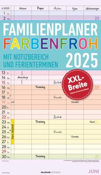 Alpha Edition - Familienplaner Farbenfroh 2025 Familientimer, 26x45cm, Familienkalender mit 5 Spalten für Termine, viel Platz für Notizmöglichkeiten, Ferientermine DE/AT/CH, deutsches Kalendarium