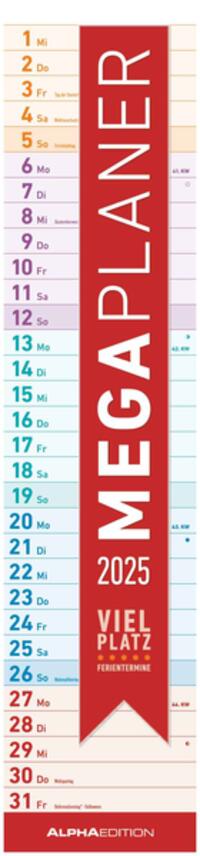 Alpha Edition - Megaplaner 2025 Streifenkalender, 15x64cm, Familienkalender mit einer Spalte, viel Platz für Notizen, Mondphasen, deutsches Kalendarium und Ferientermine DE/AT/CH