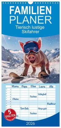 Familienplaner 2026 - Tierisch lustige Skifahrer mit 5 Spalten (Wandkalender, 21 x 45 cm) CALVENDO