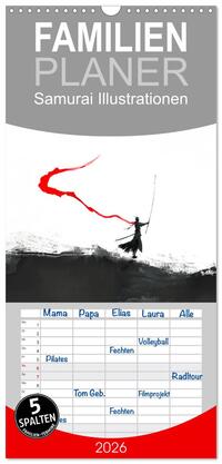 Familienplaner 2026 - Samurai Illustrationen mit 5 Spalten (Wandkalender, 21 x 45 cm) CALVENDO