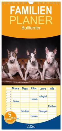 Familienplaner 2026 - Bullterrier mit 5 Spalten (Wandkalender, 21 x 45 cm) CALVENDO