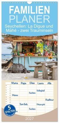 Familienplaner 2027 - Seychellen: La Digue und Mahé - zwei Trauminseln mit 5 Spalten (Wandkalender, 21 x 45 cm) CALVENDO