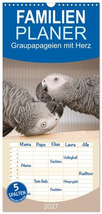 Familienplaner 2027 - Graupapageien mit Herz mit 5 Spalten (Wandkalender, 21 x 45 cm) CALVENDO