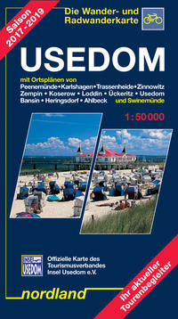 Usedom mit Ortsplänen von Peenemünde, Karlshagen, Trassenheide, Zinnowitz, Zempin, Koserow, Loddin, Ückeritz, Usedom, Bansin, Heringsdorf, Ahlbeck und Swinemünde